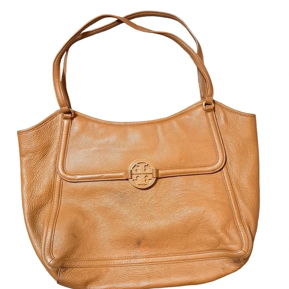 Tory Burch Amanda Classic Tote Bag Womens Large Tan Pebbled Leather